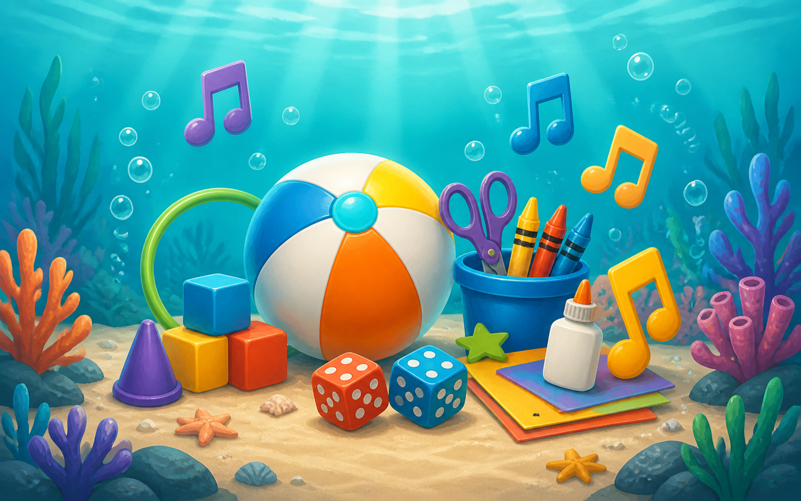 Games, crafts, and music items in an underwater setting